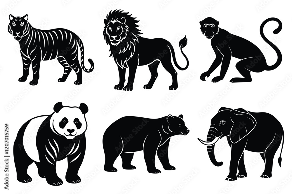 Naklejka premium Wildlife animal silhouettes set isolated on white background