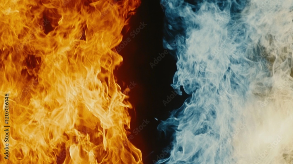 Obraz premium Fiery orange flames contrast with icy blue smoke on black background.