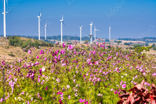 Phetchabun, Thailand - January, 06, 2025 : Panoramic View of Wind Turbines in a Scenic Countryside Landscape with Clear Blue Skies at Phetchabun, Thailand.
