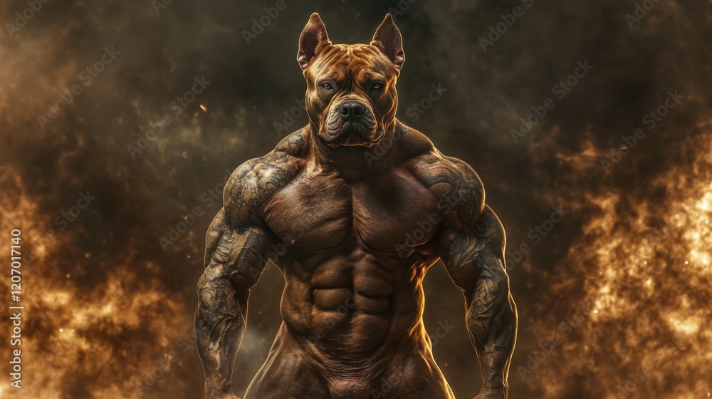 Muscular Dog with Fiery Background: A Powerful and Intense Canine Image Muscular Dog with Fiery Background: A Powerful and Intense Canine Image
