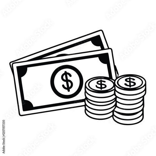 A monochrome stack of dollar coins and bills with a dollar sign on it as a money icon. Image vector design illustration collection of simple sign, contour and isolated. 