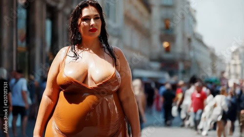 beautiful but plump woman in wet dress in the city street, hot summer