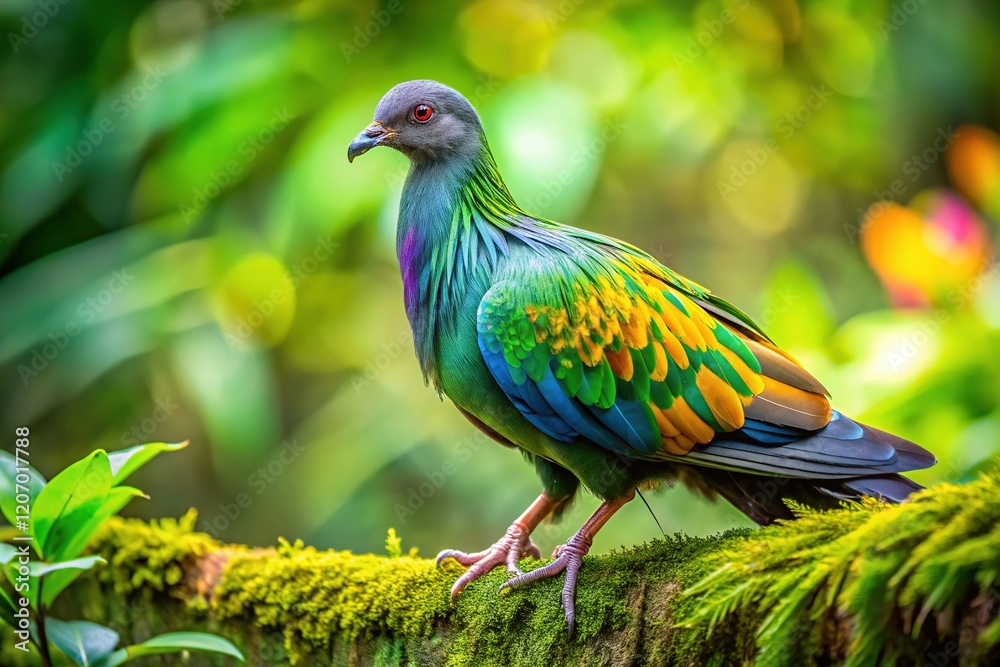 Obraz premium Nicobar Pigeon Side Profile Walking on Branch - Vibrant Tropical Bird