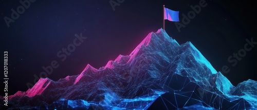 Abstract low-poly mountain with a flag on top, glowing blue and purple lines, and a dark background.