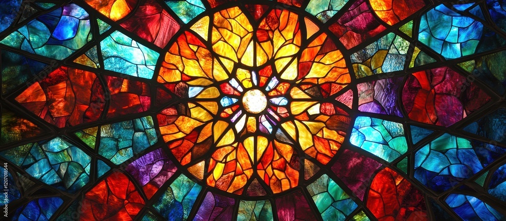 Vibrant Stained Glass Window with Radiant Colors and Intricate Patterns Illuminated by Sunlight