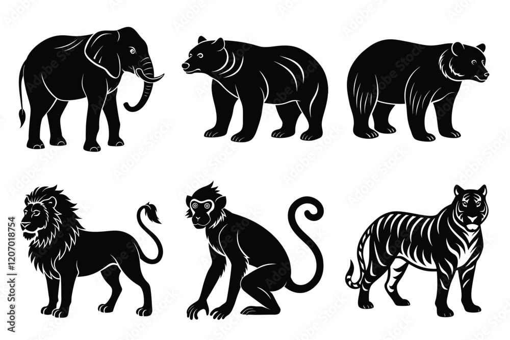 Wildlife animal silhouettes set isolated on white background Wildlife animal silhouettes set isolated on white background