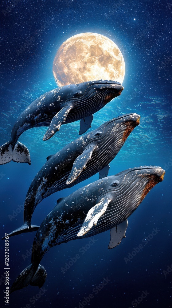Fototapeta premium Whale in the ocean concept. Majestic whales swimming serenely under a bright full moon in deep blue waters.
