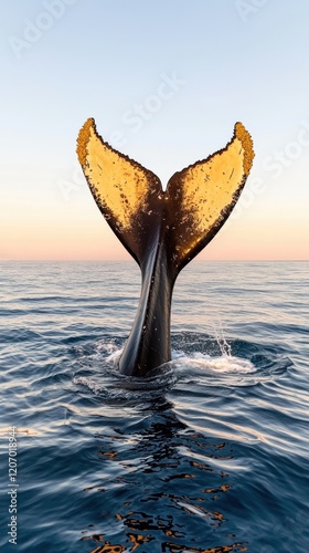 Whale in the ocean concept. Majestic whale tail emerging from the ocean under a beautiful sunset sky. photo