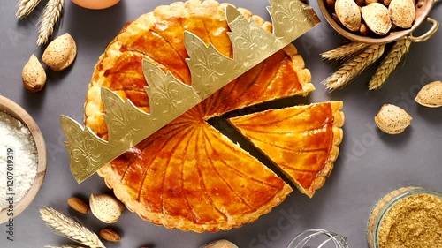 epiphany cake with crown and ingredient. French traditional galette des rois