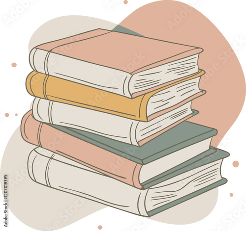 pile of books, colorful background, vector illustration