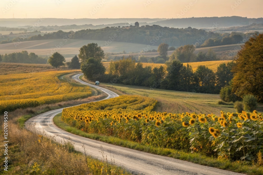 Fototapeta premium Autumn sunflower field with a winding country road, scenic drive, foliage display, autumnal colors, countryside, field