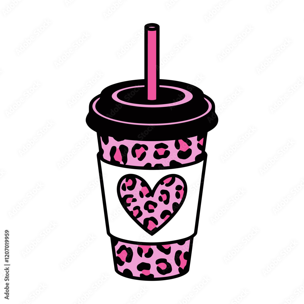 Pink Leopard Print Coffee Cup with Heart Design Pink Leopard Print Coffee Cup with Heart Design