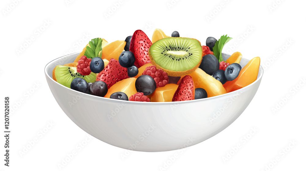 Fresh fruit salad in a white bowl isolated on transparent background