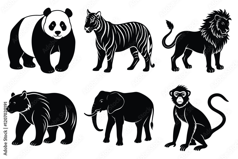 Naklejka premium Wildlife animal silhouettes set isolated on white background