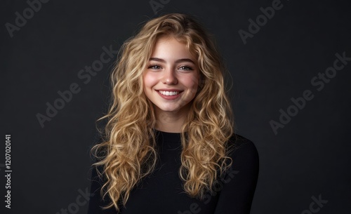 Beautiful girl with long curly hair, blonde on a dark background, posing in the studio.