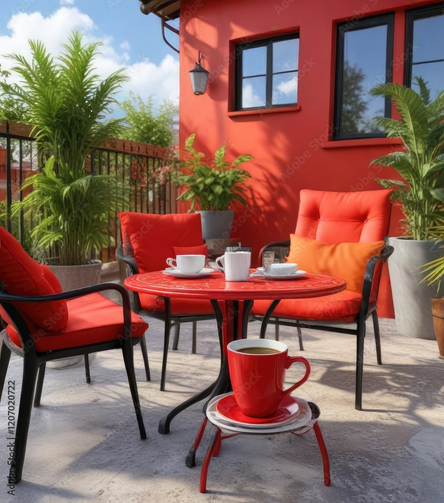 Fototapeta premium Black coffee in a bright red cup on a colorful outdoor patio furniture, patio, cup, playful