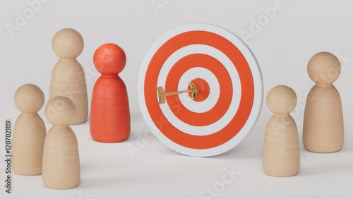 Start-up business plan and strategies. Achievement goal concept. Wooden figures stand around dartboard for creative and set up business objective targets.3D rendering on white background.
