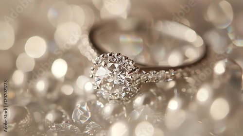 Exquisitely crafted, this stunning engagement ring features a large, round diamond at its center, surrounded by a halo of smaller diamonds. photo