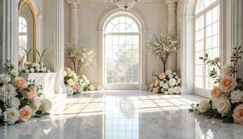 Sala interior adornada con detalles arquitectónicos clásicos, como molduras, columnas y un gran espejo. Suaves tonos blancos y pastel. Arreglos florales blancos