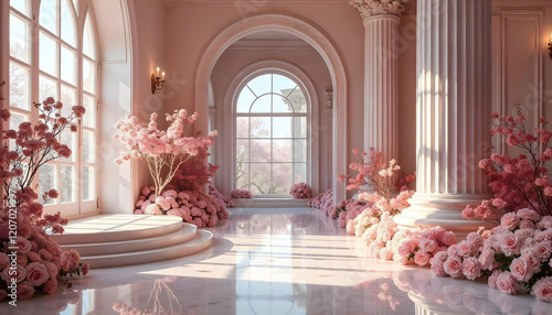 Sala interior adornada con detalles arquitectónicos clásicos, como molduras, columnas y un gran espejo. Suaves tonos rosas y morados. Arreglos florales rosas