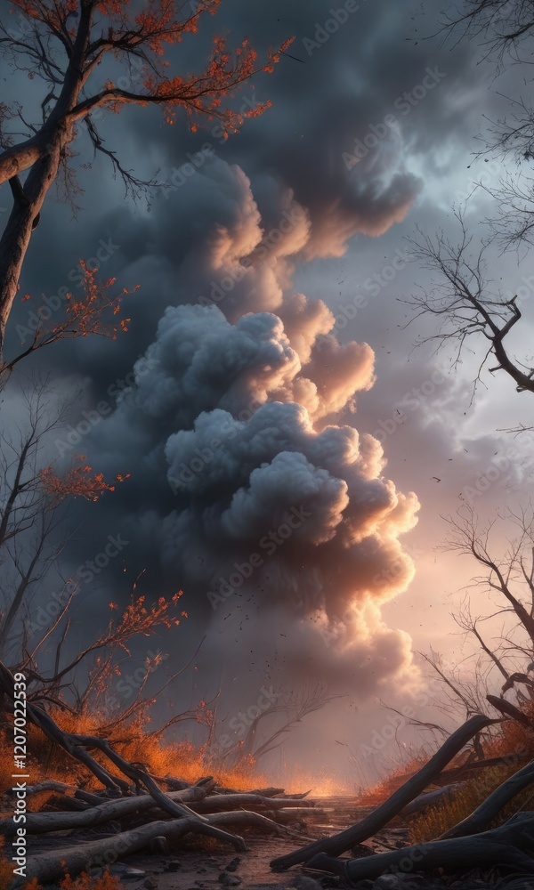 Fototapeta premium Charcoal powder clouds amidst broken twigs and branches, broken twigs, darkened forest floor