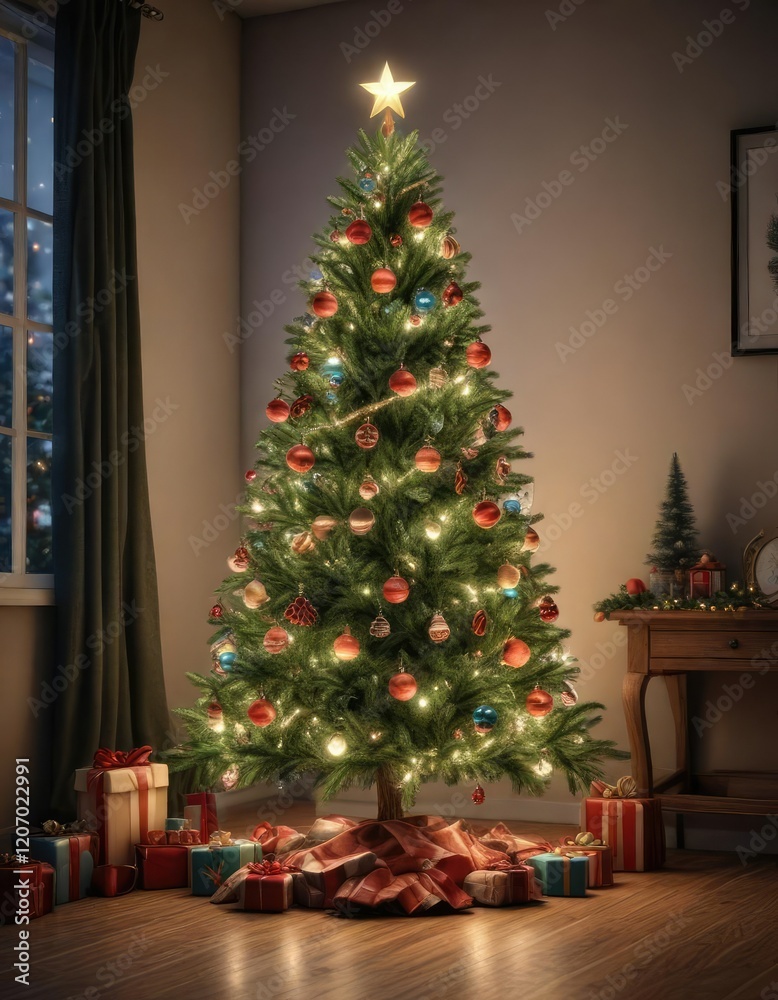 Christmas tree decorated with lights and ornaments, garland, lights Christmas tree decorated with lights and ornaments, garland, lights