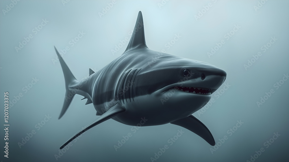 Fototapeta premium Shark in the sea, dramatic foggy photo. Generative AI