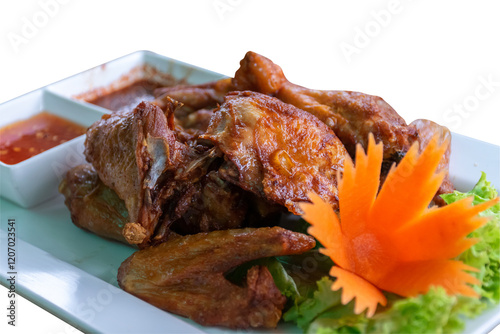 Fried chicken with spicy sauce and sweet sauce and carrots on white plate, isolated on white background. with clipping paths