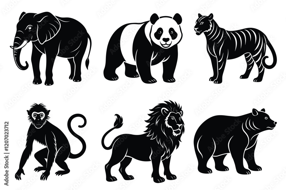 Wildlife animal silhouettes set isolated on white background Wildlife animal silhouettes set isolated on white background