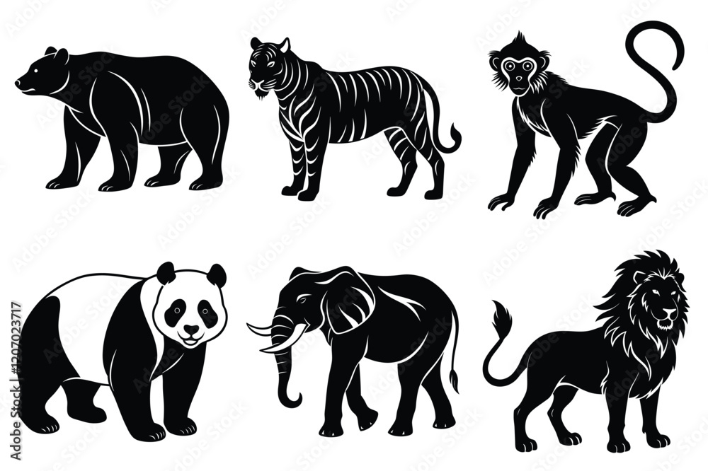 Wildlife animal silhouettes set isolated on white background Wildlife animal silhouettes set isolated on white background