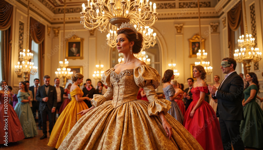 Elegant Rococo lady posing at lavish ballroom, historical celebration Elegant Rococo lady posing at lavish ballroom, historical celebration