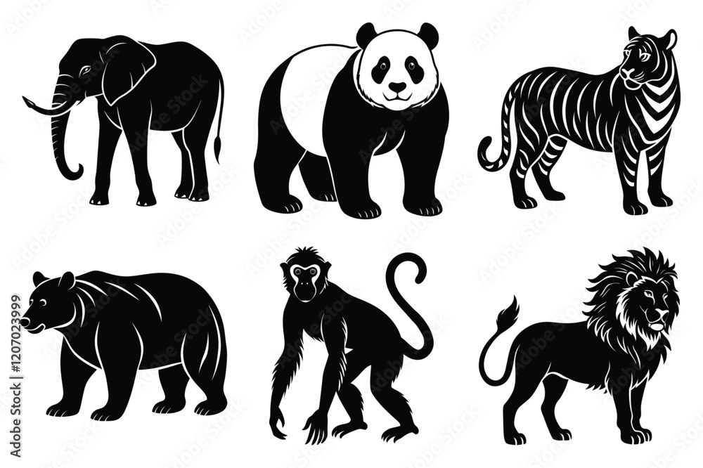 Naklejka premium Wildlife animal silhouettes set isolated on white background