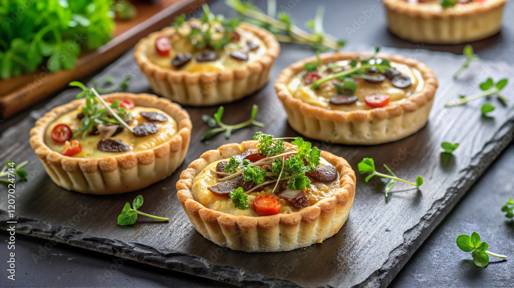 Mini quiches with mushrooms and basil on slate Mini quiches with mushrooms and basil on slate