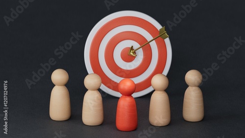 Smile face of leader wooden figure standing in front of staff wooden figure for setup business objective target goal concept.3D rendering on black background.