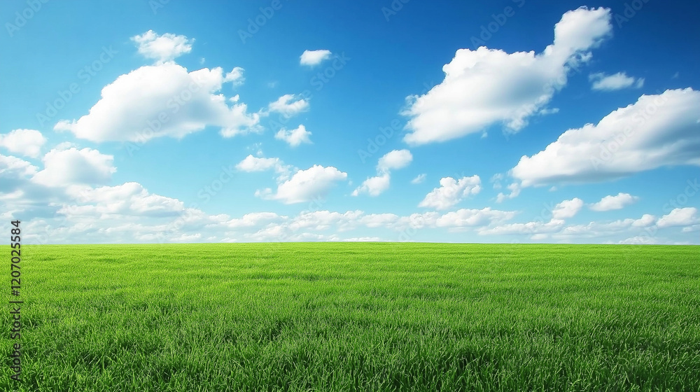 A vast, open green grassland beneath a clear blue sky and fluffy white clouds, stretching toward the horizon. The clean and simple background emphasizes the contrast between light and dark A vast, open green grassland beneath a clear blue sky and fluffy white clouds, stretching toward the horizon. The clean and simple background emphasizes the contrast between light and dark