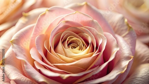Close-up shot of a delicate pink rose flower with intricate petals and a golden center, stem, flower details, center, texture