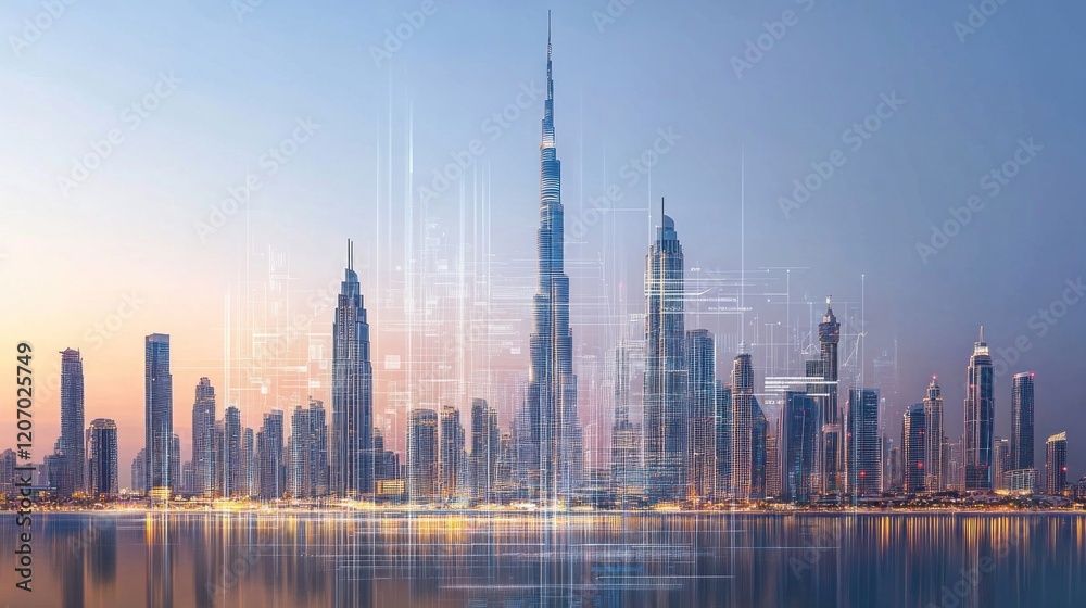 Obraz premium Stunning skyline of a modern city at sunrise with futuristic architecture and digital overlay showcasing urban innovation and urban development
