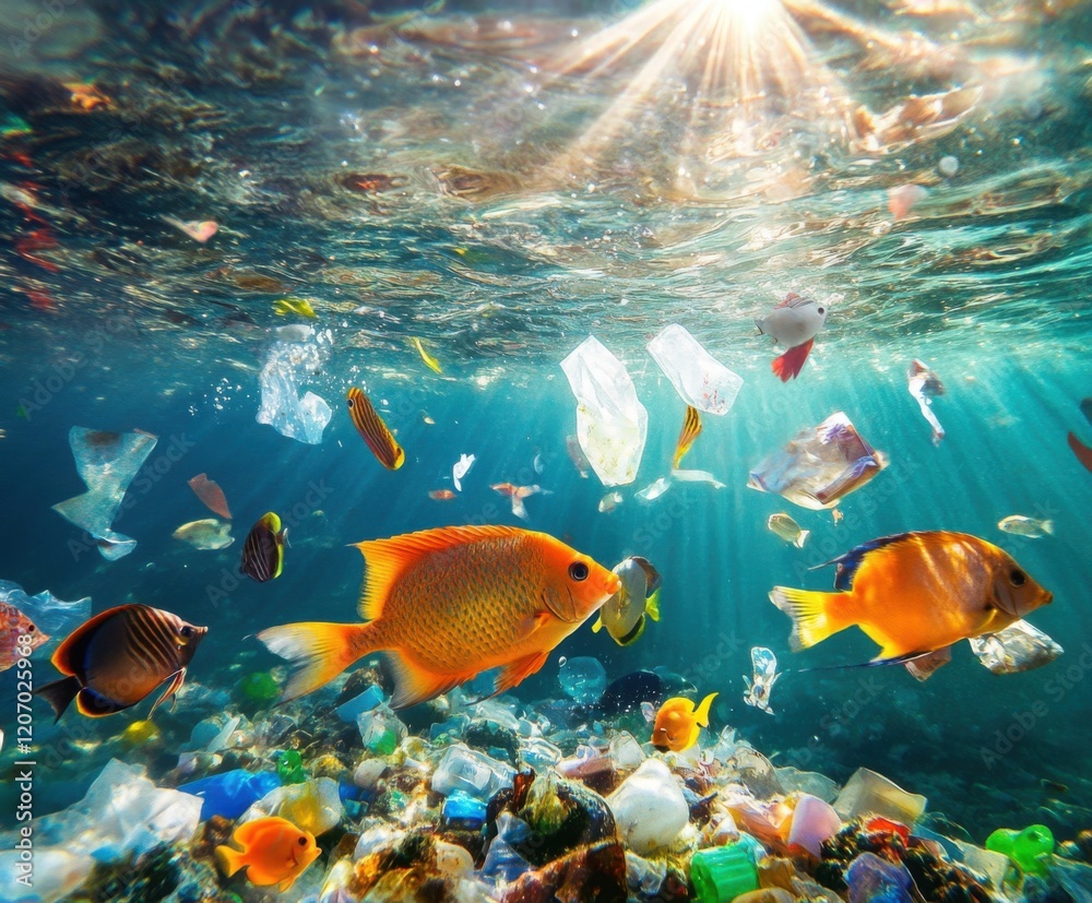 Naklejka premium Colorful fish swim among plastic waste in a polluted underwater environment during daylight