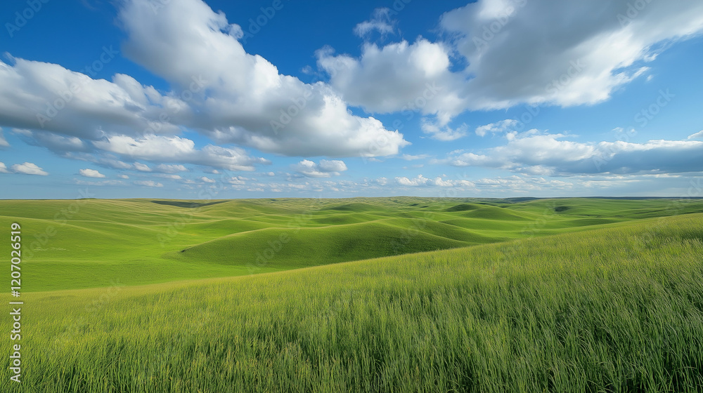 Obraz premium A vast, open green grassland beneath a clear blue sky and fluffy white clouds, stretching toward the horizon. The clean and simple background emphasizes the contrast between light and dark
