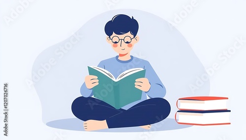 Boy Reading Book Relaxed Pose Illustration