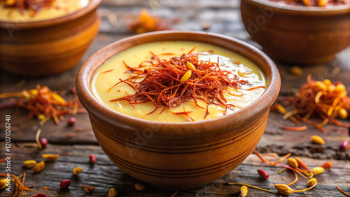 Traditional saffron kheer with nuts in pottery bowls photo