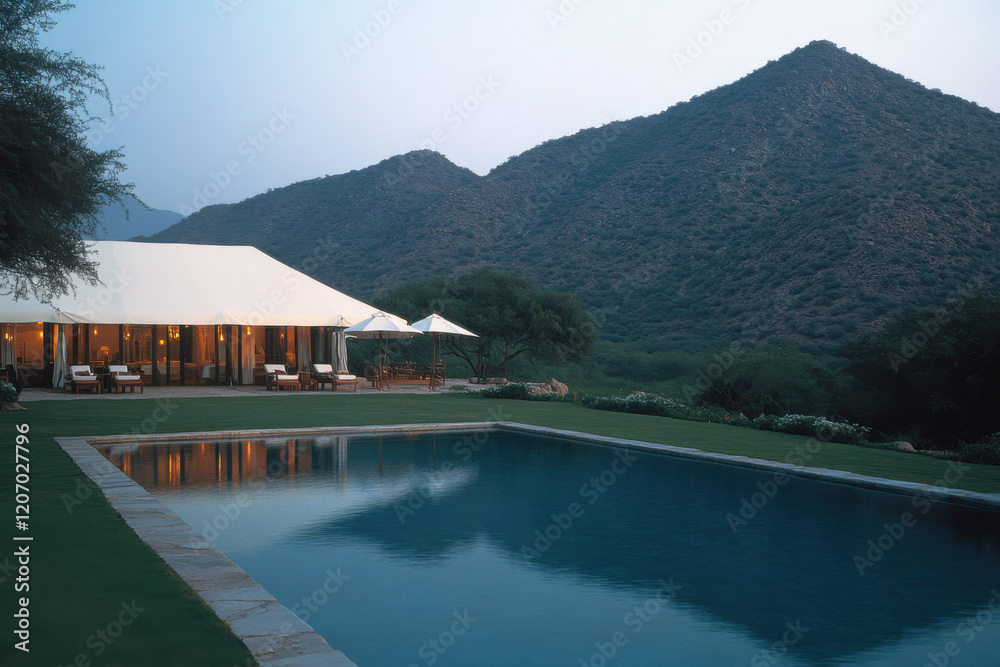 Naklejka premium A large pool with a white tent in the background