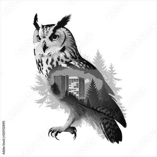 Vector Illustration of Owl with Cityscape Capturing the Contrast Between Nature and Urban Life photo