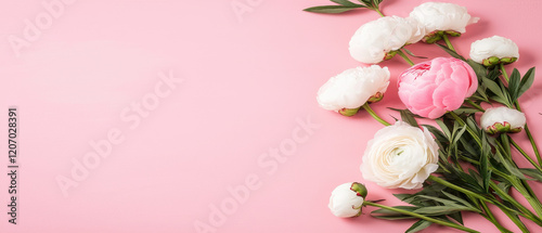 Wallpaper Mural White and pink peonies with green leaves on soft pink background create delicate scene Torontodigital.ca