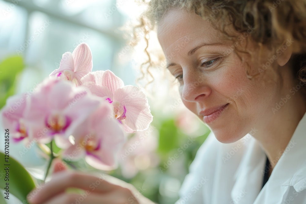 A female scientist gently examines a beautiful pink orchid, showcasing its delicate petals and intricate details. A female scientist gently examines a beautiful pink orchid, showcasing its delicate petals and intricate details.