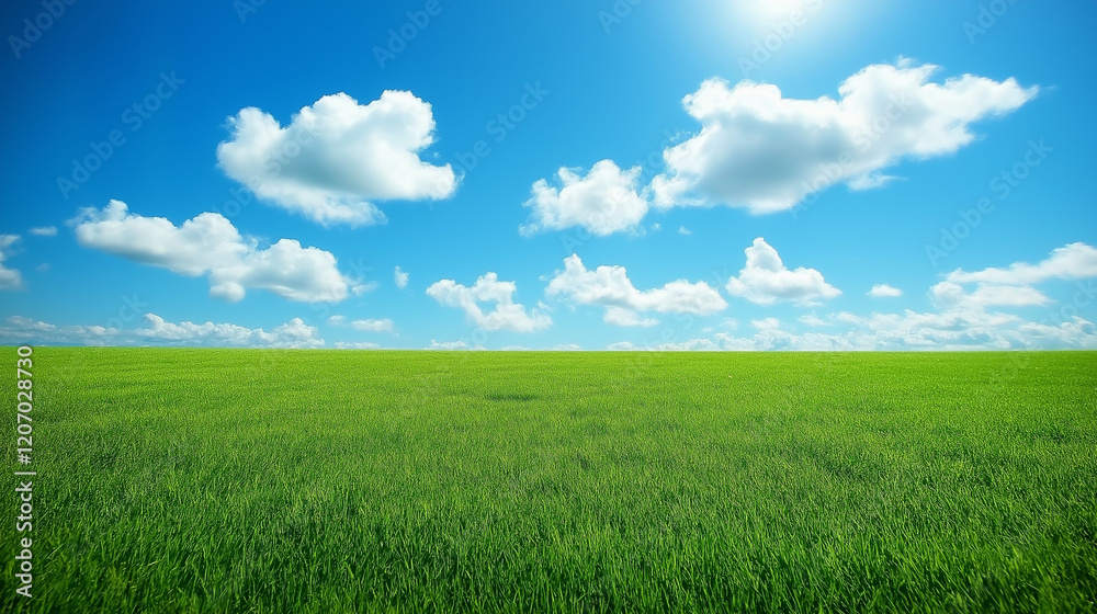 A vast, open green grassland beneath a clear blue sky and fluffy white clouds, stretching toward the horizon. The clean and simple background emphasizes the contrast between light and dark A vast, open green grassland beneath a clear blue sky and fluffy white clouds, stretching toward the horizon. The clean and simple background emphasizes the contrast between light and dark