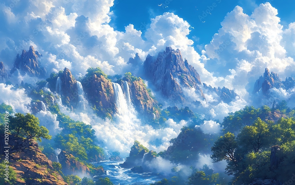 Naklejka premium Bright Sunny Waterfall Cliffs Landscape Artwork