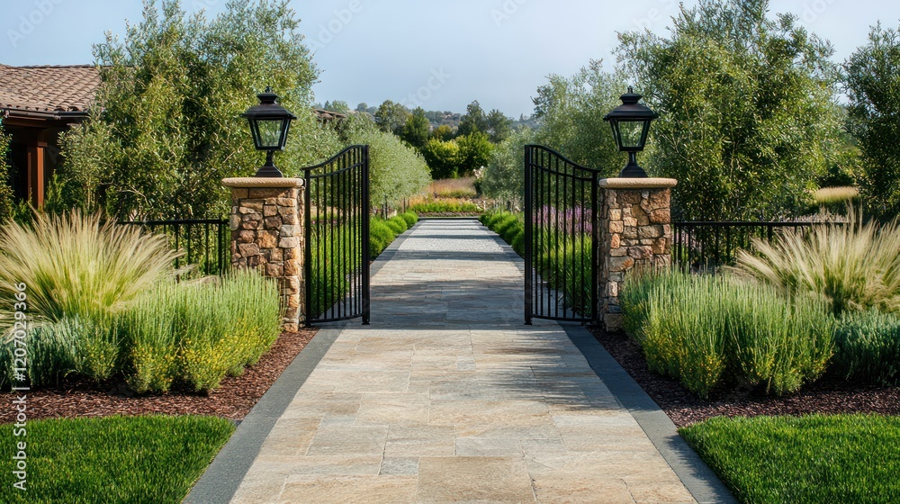 Obraz premium Minimalist gate paired with green landscaping, featuring ornamental grasses and a stone-paved pathway