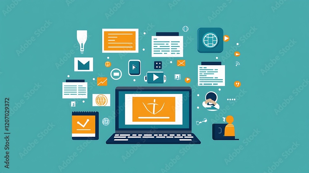 A person using a laptop computer with digital icons A person using a laptop computer with digital icons