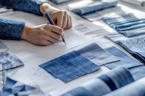 A designer sketches on paper, surrounded by various shades of blue fabric swatches for a fashion project.